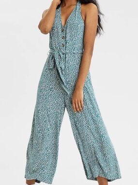 American Eagle Green Floral Halter Jumpsuit